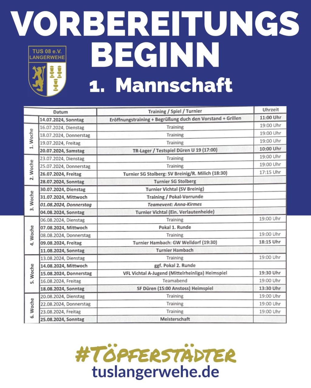 Vorbereitungsbeginn der ersten&nbsp;Mannschaft